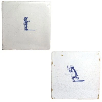Juego de 2 azulejos antiguos holandeses de cerámica azul y blanco de Delft del siglo XIX cuadrados Foto 1 de 4