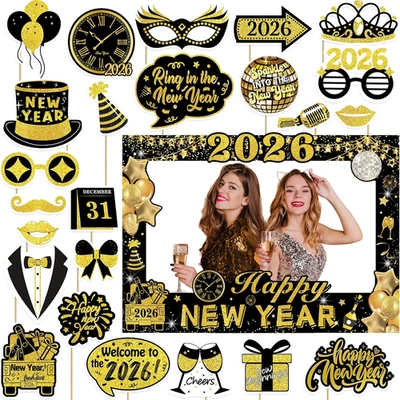 2026 Happy New Year Photo Booth Props Black Gold Frame 24 Pcs Party Decorations - Image 1 of 4