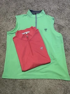 TWO Peter Millar Wicking Red/Green Vest Mens Quarter Zip Pullover Golf Medium - Picture 1 of 4