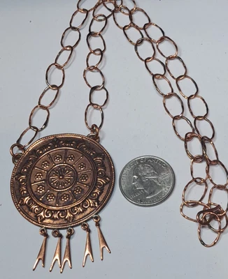 Copper Tribal Necklace Statement  Western Disc Pendant tassels Southwest 22 in - Image 1 of 4