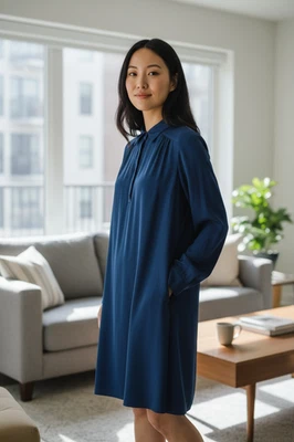 Vestido recto de seda para mujer Cuyana S azul marino manga larga cuello minimalista editorial Foto 1 de 4