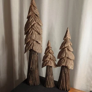 Set Of Three Vintage Hand Carved Wooden Trees Wall Hanging Amazing 3 Sizes - Picture 1 of 9