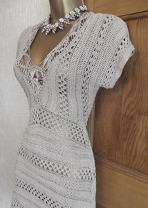 Reino Unido 12 Karen Millen 3 Beige Tribal Crochet Tejido Mini Vestido de Verano - Imagen 1 de 9