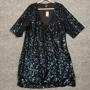 New City Chic Womens 18 Sequin Glam Mini Shift Dress Teal V Neck Hourglass - Picture 1 of 9