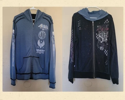 Affliction Hoodie Jacket Mens Medium Reversible Full Zip Skull Biker Grunge Y2K - Image 1 of 4