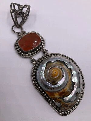 STERLING SILVER 925 BOLD ORANGE CHALCEDONY & ABALONE SEA SHELL PENDANT - Image 1 of 4