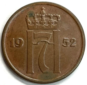 1952 Norway ๐ณ๐ด 5 Ore Haakon VII Coin Condition About Uncirculated - Picture 1 of 2