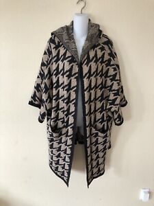 Zara Knit Oversized Poncho Cape Coat Cardigan Hooded Womens Sz M Beige Black