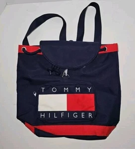 Vintage Tommy Hilfiger Canvas Backpack - Flag Logo Spell Out Drawstring Y2K Bag - Picture 1 of 4