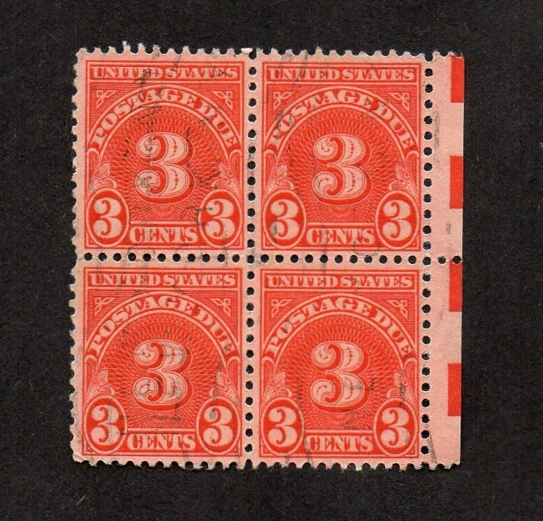 US #J82, used block of 4 with electric eye vertical dashes. - Image 1 of 1