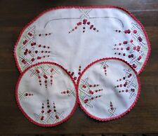 Vintage Cotton Crochet Embroidery Handmade Beige Red 3 Piece Duchess Set Doily
