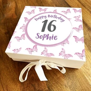 Butterflies Pink Any Age 16th Square Personalised Keepsake Birthday Gift Box - Picture 1 of 1