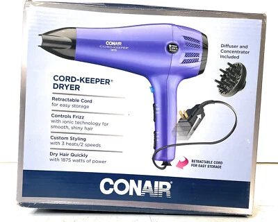 Conair Quick Dry Retractable Cord Cordkeeper Hair Dryer with Diffuser, Purple - Image 1 of 3