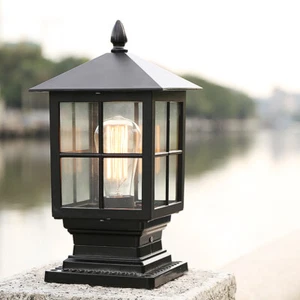 Outdoor Pillar Light Yard Garden Gate Post Lamp Glass Black Lantern Lighting - Picture 1 of 10