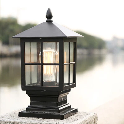 Outdoor Pillar Light Yard Garden Gate Post Lamp Glass Black Lantern Lighting - Image 1 of 4