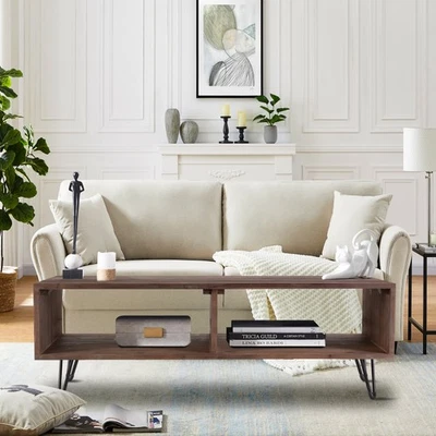 Mesa de cóctel de madera recuperada con almacenamiento abierto para sala de estar, patas de metal, plegable Foto 1 de 4