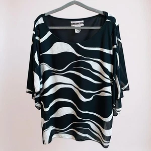 Dana Kay Women’s Plus Black and White Abstract Lined Sheer Flutter Blouse 18W - Picture 1 of 7