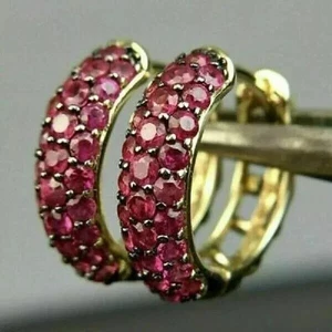 2Ct Round Cut Lab Created Pink Ruby Women's Hoop Earrings 14K Yellow Gold Plated - Picture 1 of 4