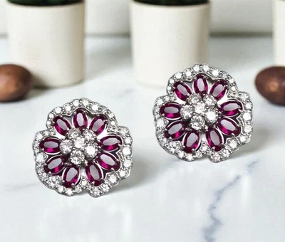 5.00 Carat Lab Grown Ruby and Diamond Earrings 14k White Gold GIA Authenticated - Image 1 of 4