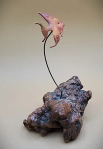 Vintage Copper Angelfish on Burl Wood Sculpture Statue Sea Ocean - Picture 1 of 9