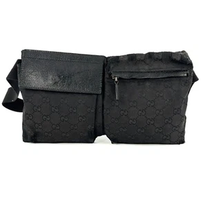 Gucci GG Canvas Leather Black Waist Bag Shoulder Belt Authentic 0198 - Picture 1 of 15