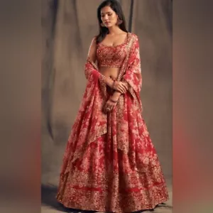 Stunning Red Floral Organza Sequins Embroidered Lehenga Choli - Picture 1 of 11
