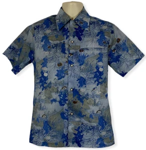 Vintage 60s/70s ANDRADE Honolulu Sm Big Collar Hawaiian Shirt Blue Gray Flowers - Picture 1 of 5