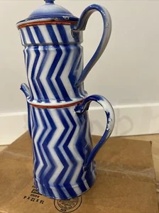 DECO DECO DECO OCTAGON french enamelware cobalt blue zig zag biggin coffee pot - Picture 1 of 15