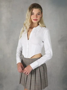 YOZY Women Blouse Cropped Bustier Shirt Button Lond Sleeve White S A000523 - Picture 1 of 7