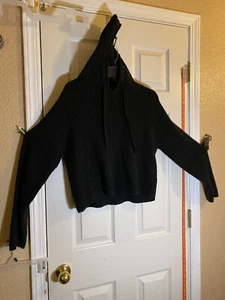 Victoria Secret PINK Women S Sweater Hooded Pullover Black Knit Cropped - Picture 1 of 5