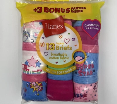 Hanes Tagless Briefs Panties sz 6 Girl's Cotton Underwear 13-Pack Pink/Blue Star - Image 1 of 2