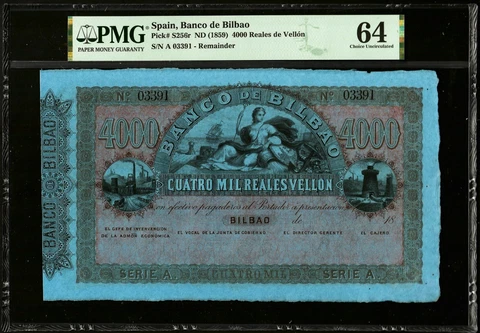 🔥SPAIN 1859 "BANCO DE BILBAO" ☆ 4000 REALES ☆S256☆ PMG - 64 ☆ VERY RARE ☆ Cover