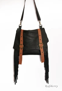 Fringed black leather messenger bag with tan belts /Bohemian fringe bag/shoulder - Picture 1 of 6