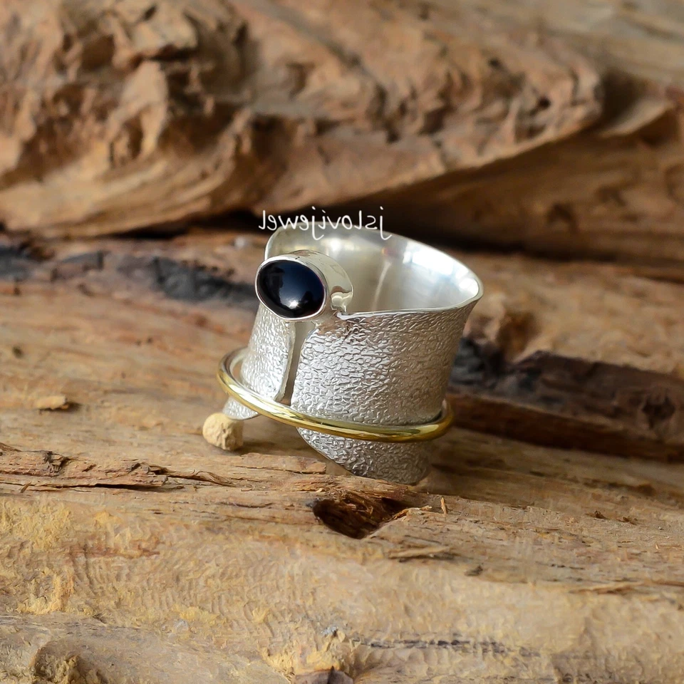 Anillo giratorio de plata esterlina 925 con piedras preciosas de ónix negro ansiedad por estrés joyería Foto 1 de 4