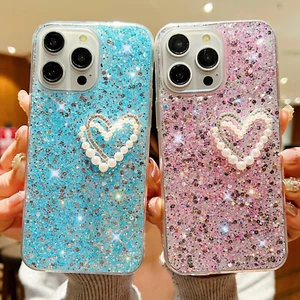 Funda protectora con brillo brillante para iPhone Samsung con amor perla para iPhone Samsung mujeres niñas espalda caliente - Imagen 1 de 16