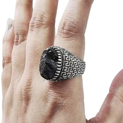 RAW BLACK TOURMALINE GEMSTONE 925 STERLING SILVER OTTOMAN ARABIC HEAVY MENS RING - Image 1 of 4