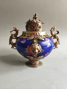 Collectible chinese Handmade tibet-Silver & Porcelain inlaid lion Incense Burner - Picture 1 of 9