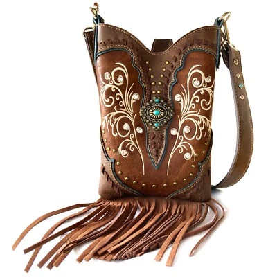 Women Cowgirl Western Country Floral Fringe Cross Body Messenger Purse Victoria - Image 1 of 2