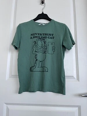 H&M Green Graphic Tee Boys Garfield Sz M Soft Cotton Regular Fit Crew Neck Used - Image 1 of 4