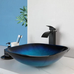 Grifo mezclador de lavabo de vidrio templado cuadrado azul de 17" - Imagen 1 de 9