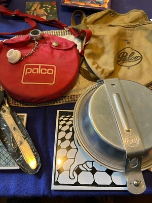 Vintage Set of Palco Tin & Plastic Mess Kit w Canvas Bag: Cup, Pan, Pot,  Bowl - Image 1 of 3