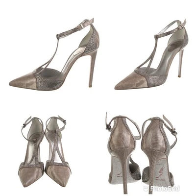 Rene Caovilla Pointed Toe T Strap Snake Beige Leather Pumps W/ Crystals Size 37 - Image 1 of 4
