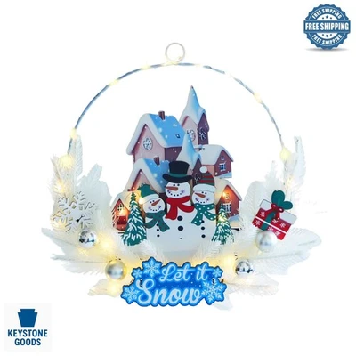 Corona de Navidad preiluminada de 16 pulgadas con decoraciones y luces de muñeco de nieve Foto 1 de 4