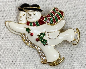 Vintage SFJ Enamel Brooch Pin Skating Snowmen Christmas Holiday Rhinestones - Picture 1 of 4