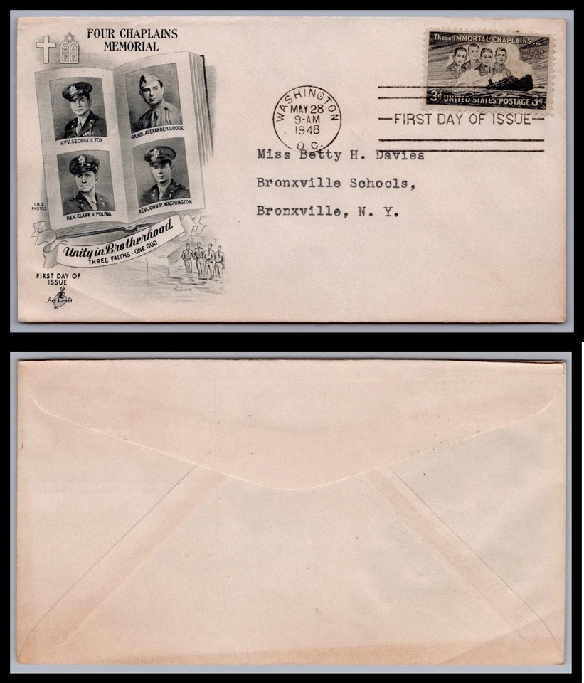 US FDC # 956 3c Four Chaplains  ArtCraft  addressed 1948, 9Q2020 - Image 1 of 1