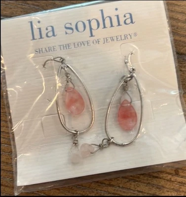 NEW Lia Sophia *Razzabell* Genuine Rose Quartz Stone Silver Drop Dangle Earrings - Image 1 of 3