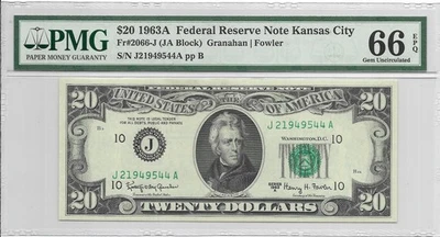 1963A $20 KANSAS CITY FRN. PMG GEM Uncirculated 66 EPQ Banknote. - Image 1 of 2