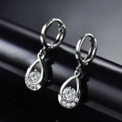 18 K White Gold Filled White Sapphire Drop Dangle Pear Shape Hoop Earrings - image 1 of 3
