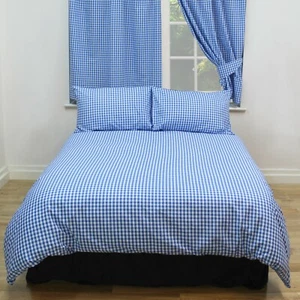 Double Bed Gingham Check Blue White Duvet Cover Set 100% Natural Cotton  - Picture 1 of 1