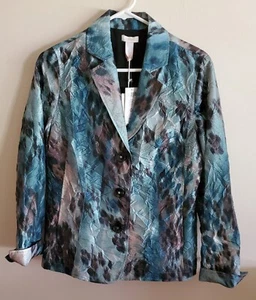 CHICO’S Women’s Crinkle Crush Blazer Jacket Teal Animal Print NWT Size 0 Travel - Picture 1 of 4